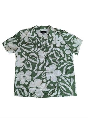 Grace The Perfect Fit Crinkle Button Up Rayon Blouse SMALL Green White
